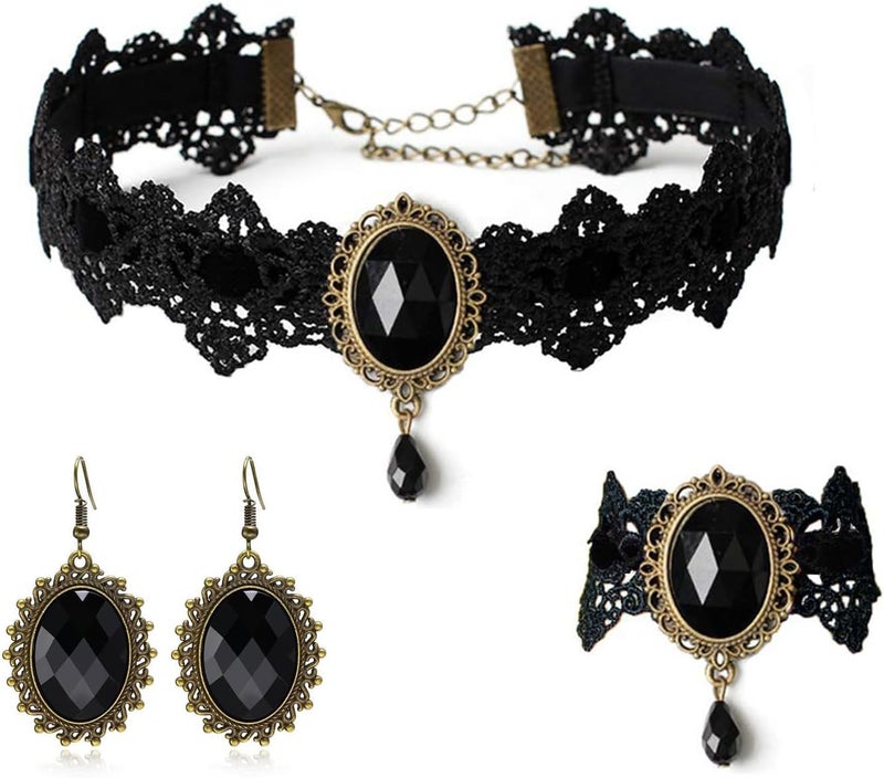 ELLEZZA Gothic Victorian Style Vampire Choker Necklace Bracelet Earrings Set,Halloween Pirate Steampunk Witch Vampire Costume Accessories Jewelry for Women,Adjustable Size - Image 1